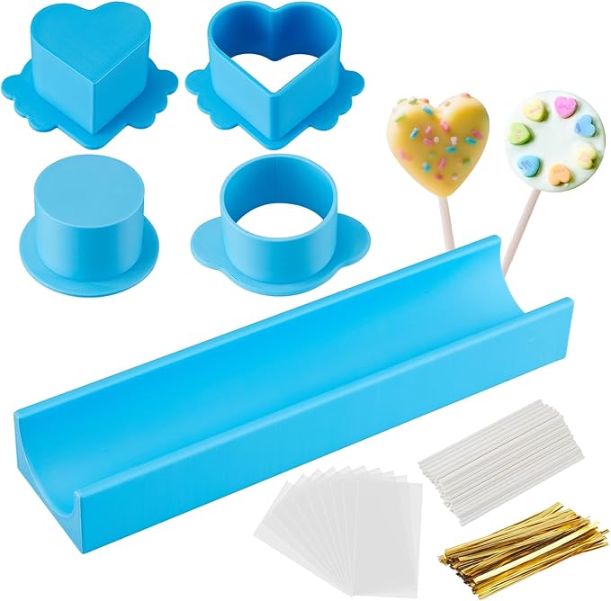 Cake Pop Mold Set,Heart & Round Cutter and Pusher,9-Inch Tray,3D Printed Cake Pop Molds Kit with 100 Bags,100 Sticks,100 Ties,Food-Grade PLA for Party/Wedding/Home Baking