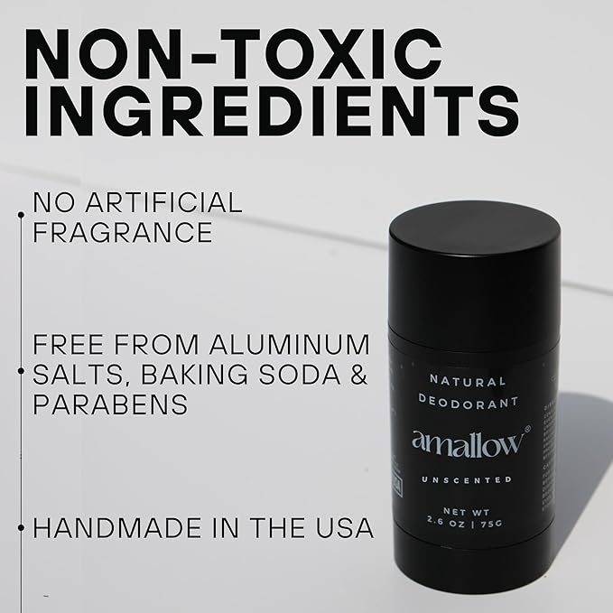 Amallow - Natural Deodorant – Aluminum Salt-Free, Tallow-Based, Baking Soda-Free, with Magnesium & Zinc – Long-Lasting Odor Protection – Handcrafted in the USA – 2.6 oz (Unscented)