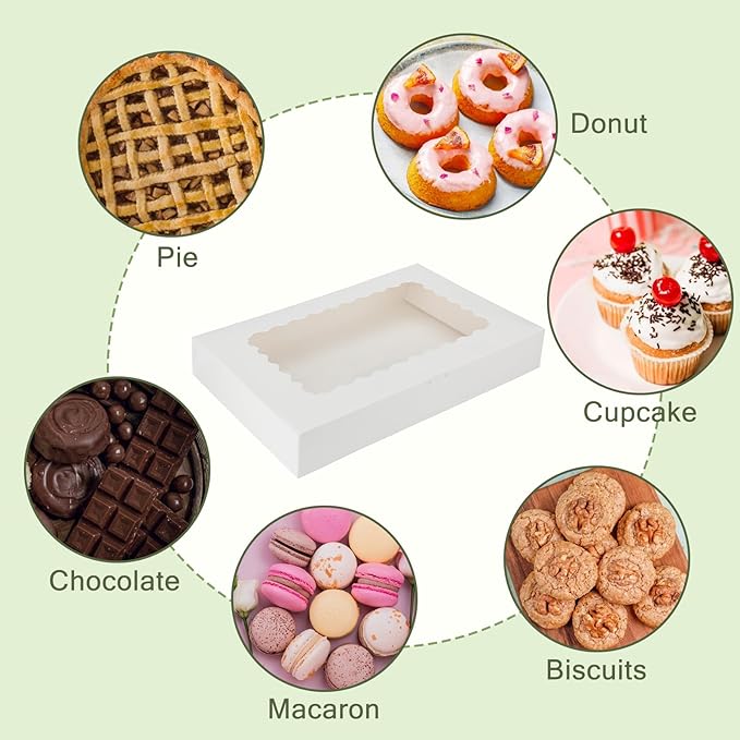 20-Pack 16"x11"x2.5" White Bakery Boxes with Window,Auto-Popup Large Cookie Boxes for Pies,Cakes,Muffins,and Pastries