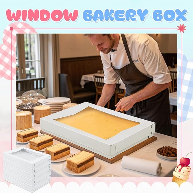 10 Sets 26 x 18 x 4 Inch Corrugated Full Sheet Cake Box with Window Include 10 Paperboard Cake Box Bottom 10 Bakery Top 10 Greaseproof Pad Tray for Dessert