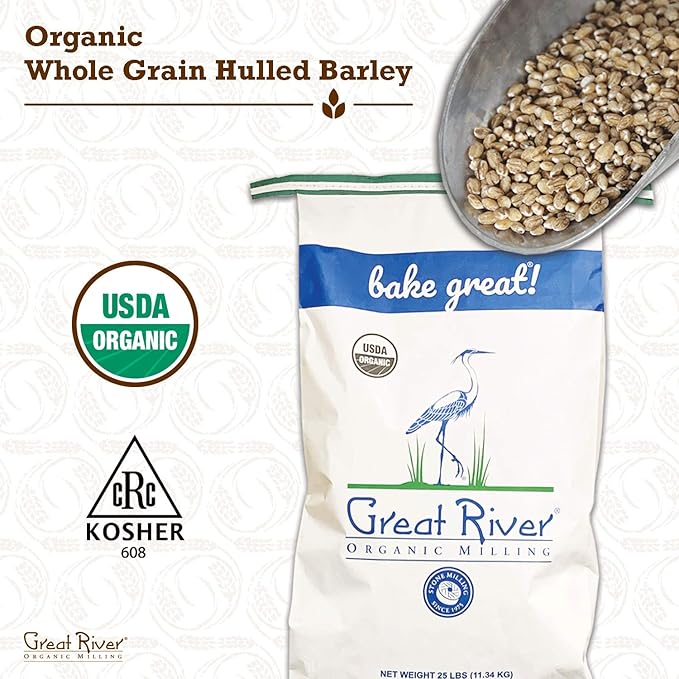 Great River Milling Organic Hulled Barley Grain | Whole Grain Barley for Home Milling, Cooking, and Baking | High Fiber, Non GMO, Kosher | 25 Lb