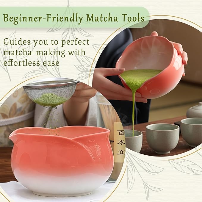 8 Pcs Matcha Whisk Set Chasen Matcha Whisk Bamboo Bowl with Spout Sifter Spoon Scoop Whisk Holder Bamboo Mat Complete Matcha Making Kit (Red Petal)