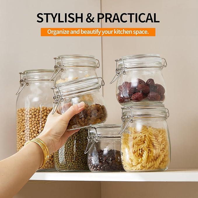 8 Pack 9.5oz Food Storage Jars with Airtight Lids, Preserving Seal Wire Clip Fastening Glass Containers, Canisters for Kitchen Organization, Flour, Cereal, Pasta, Sugar, Beans, Pickling Jars(9.5 Oz*8)