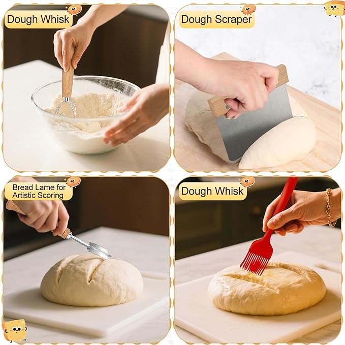 Sourdough Starter Kit Banneton Bread Proofing Basket Set, Dough Whisk, Lame & More Cotton Blend Baking Supplies for Sourdough Bread