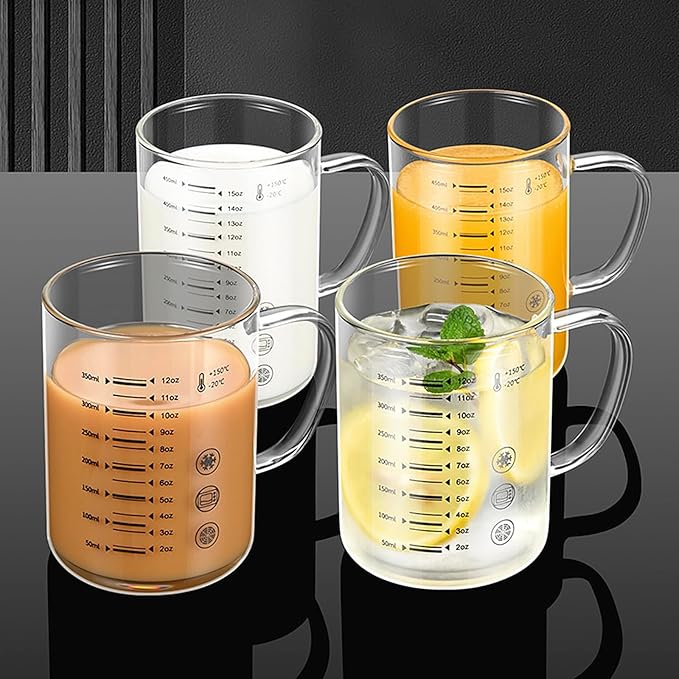 Graduated Glass Drinking Cup, High Borosilicate Glass Measuring Cup for Elderly, Beginners, Weight Loss, Straight Clear Glasses with Measurements for Water, Milk, Juice, Milkshake, Coffee (350 ml)