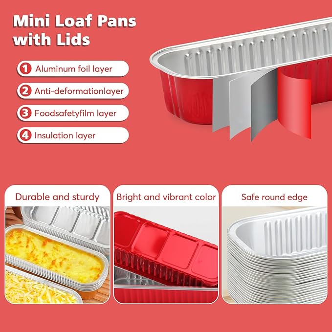 Ruckae 100 Pack Mini Loaf Pans with Lids and Spoons Stickers Disposable Aluminum Tin Foil Pans Rectangle Mini Loaf Cake Pan for Baking,Party,Picnics,Gifts(Red)