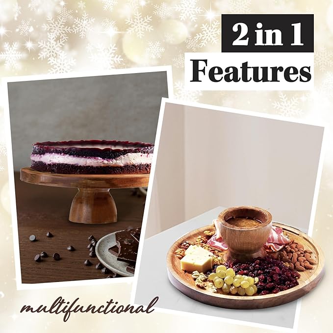 Cake Stand with Acrylic Dome Lid 2-in-1 - Multifunctional Round Shatterproof Dessert Table Display Set with Acacia Wood Serving Platter, Veggie Tray, Fruit Bowl - Party Cake Display