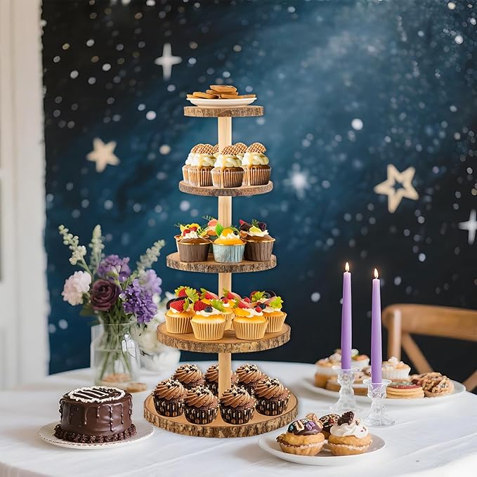 Gusnilo Wooden 5-Tier Rustic Cupcake Stand for Wedding Cakes, Tiered Dessert Tower Display Centerpiece for Parties, Events & Celebrations