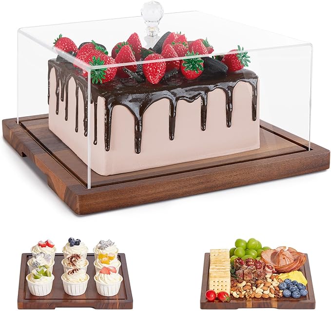 Acacia Wood Cake Stand with Lid-Cake Holder with Dome, 2-in-1 Dessert Table Display Set & Charcuterie Board with Lid,Square Cake Stand for Party,Fruit Tray,Cheese,Veggie,Large Cake Dome Cover