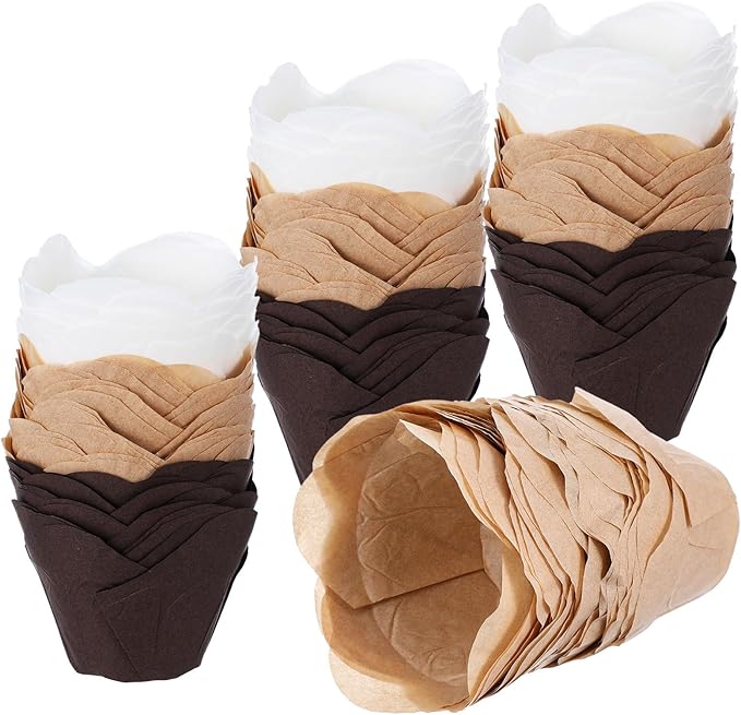 300 Pcs Lotus Tulip Cupcake Liners Baking Muffin Paper Baking Cups Cupcake Liners Holders Cupcake Wrapper for Party, Wedding, Birthday, Christmas, Baby Showers, 3 Colors