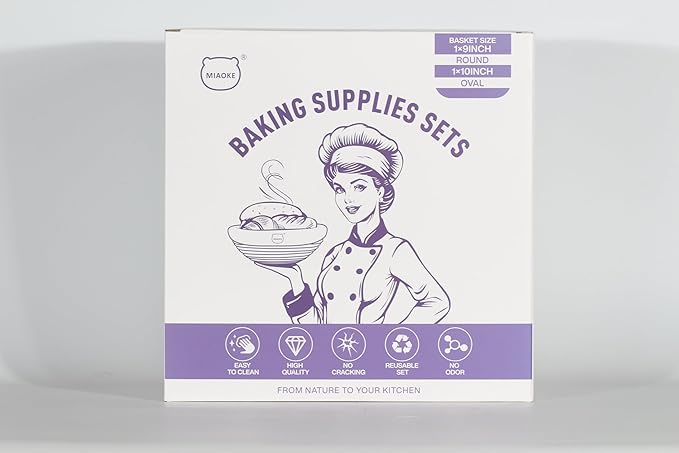 MIAOKE Sourdough Bread Baking Supplies Kit - Dough Whisk, Breads Lame, Proofing Baskets 10 Inch Round and 9 Oval, Dough Scrapers, Cooking Brush, Basket Liners Complete Sourdough Starter Bread Gift Set