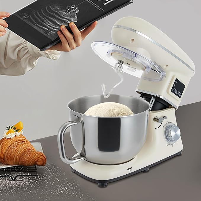 Stand Mixer, 6 +1 Speeds Electric Food Mixer, Portable Kitchen Mixer for Daily Use with Egg Whisk,Dough Hook,Flat Beater Used in Kitchens, Small Restaurants, Bakeries (White)