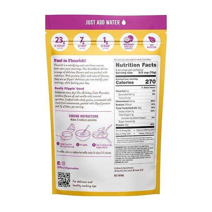 Flourish Protein Pancake & Waffle Mix, with Whey Protein & Flax Seed, No Added Sugar, High in Protein & Fiber - Just Add Water - Birthday Cake Flavour, 430 g (2 Pack) - Made in Canada