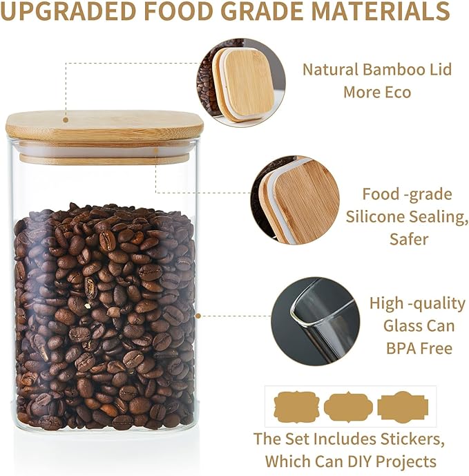 Unbreakable Overnight Oats Containers with Lids, Set of 5 Airtight Glass Jars with Bamboo Lids, Glass Food Storage Canisters for Cookie, Candy, Coffee Bean, Sugar, Spices, Dry Goods, Transparent