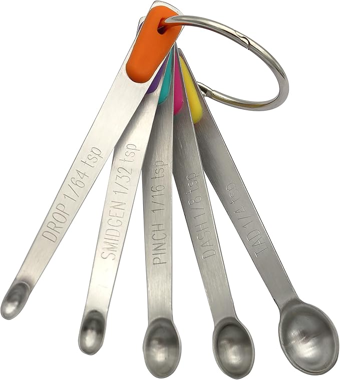 Mini Measuring Spoons Set, Tiny Stainless Steel Measure Teaspoons with Silicone Handle, Suitable for Small Amount of Dry or Liquid Ingredients and Spices (1/64, 1/32, 1/16, 1/8, 1/4 tsp)