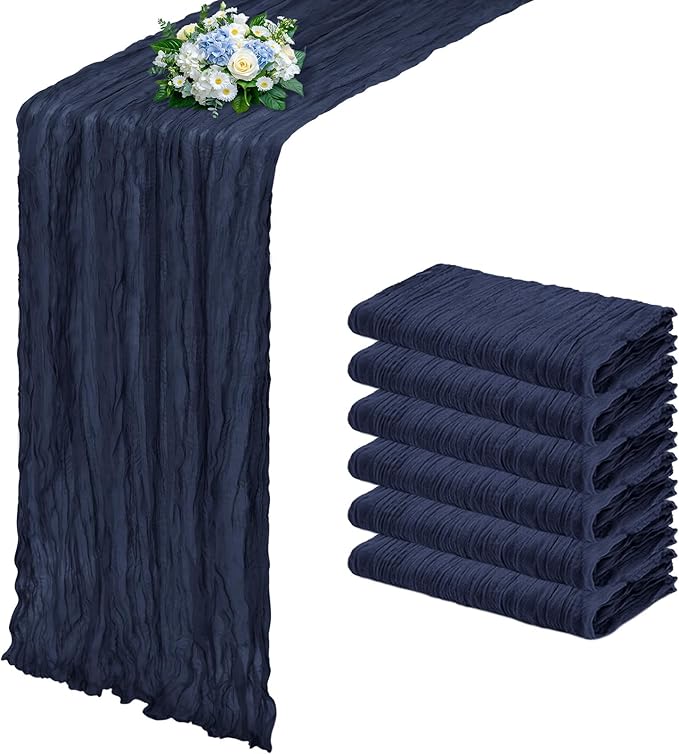 6 Pack Navy Blue Cheesecloth Table Runner 17x108 Inch Semi Sheer Boho Gauze Cheese Cloth Fabric Table Runners, for Wedding Party Baby Shower Birthday Home Decor Garden Farmhouse