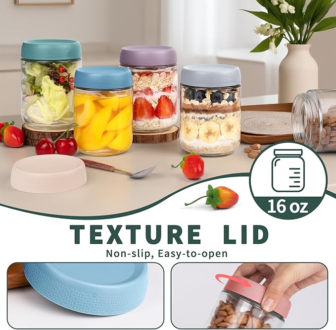 6 Pack Overnight Oats Containers with Lids, Wide Mouth Mason Jars 16oz, Glass Food Storage Containers with Airtight Lids, Overnight Oats Jars for Yogurt, Salad, Cereal, Snacks, Chia Pudding