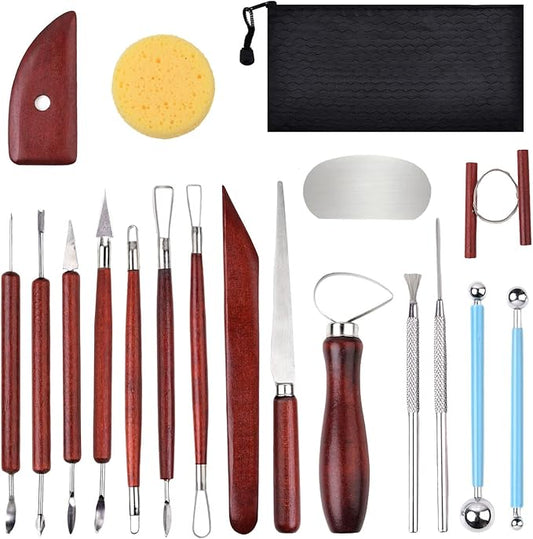 Blisstime 18PCS Clay Sculpting Tools, Basic Clay Pottery Carving Tool Kit with Wooden Handles and Tool Bag