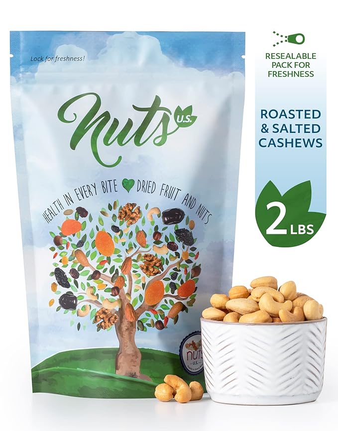 NUTS U.S. - Cashews | Roasted and Salted | No Shell | 100% Natural | Packed in a Resealable Bag!!! (2 LBS)