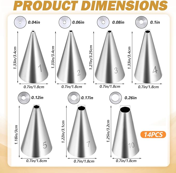 14pcs Round Hole Piping Tips Set, Stainless Steel Frosting Piping Kit, Cake Decorating Kit with 7 Sizes Nozzles Tips Piping Set, Baking Sets Tools for Pastry Fondant and Cream Bag Filler