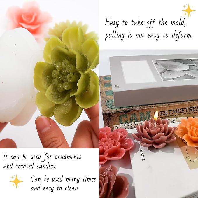 EuTengHao Flower Silicone Candle Molds for Wax Candle Soap Silicone Resin Cake Making, 3D Plant Flower Wax Scented Candle Soap Silicone Resin Casting Molds (8 Styles Flowers)