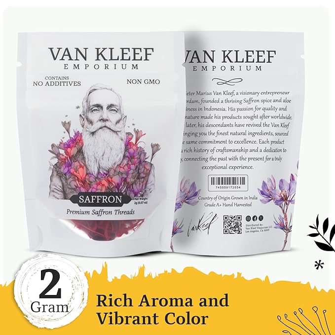 Van Kleef Emporium, Superior Saffron Threads (Super Negin) Premium grade Saffron Spice for Paella, Risotto, Tea's, and Nutritional Uses (2 Grams)