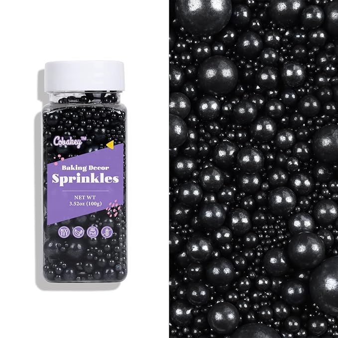 Cobakey Black Sprinkles for Cake Decorations 3.52 ounce Pearl Sugar Sprinkles for Cupcake Toppers Wedding Party Valentines Halloween Christmas Supplies