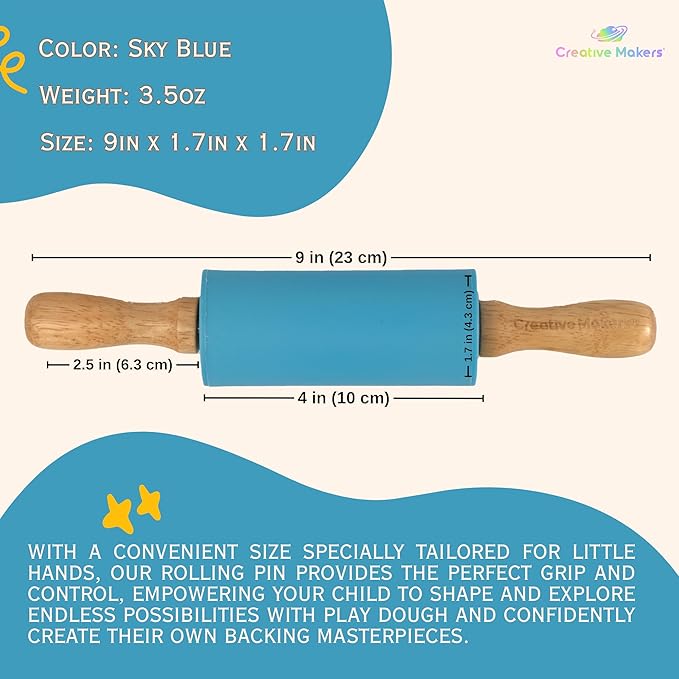 Small Rolling Pin for Kids, Non-Stick Silicone Surface with Wooden Handles for Play Dough and Baking Rolling Pin (Sky Blue)