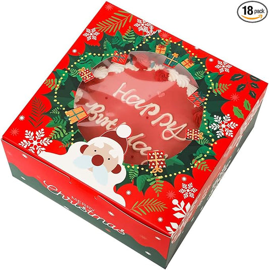 qiqee Christmas 10x10x5 Cake Box, 18 Sets Christmas Cake Box with Window ＆ 18 Sets 10" Santa Cake Round Boards, 10inch Cake Containers