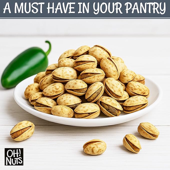 Oh! Nuts Spiced Pistachios – Jalapeño, 2 LB – Bold Savory Snack, Roasted Pistachio Variety – Packed in Resealable Bag to Maintain Freshness