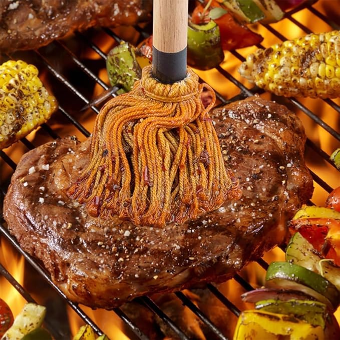 Basting Mop Brush 15.5" for BBQ Grilling - Wooden Handle Detachable with 2 Replacement Heads &Silicone Brush - Grill Tools for Outdoor Cooking, Camping, Smoking