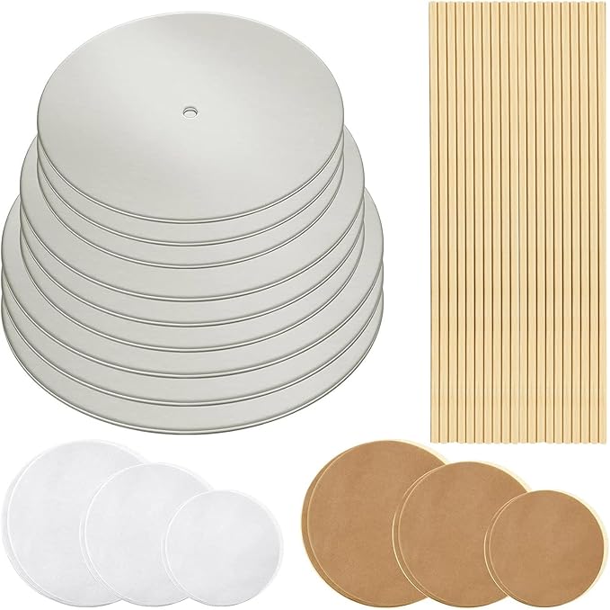 Patelai 89 Pcs Cake Tiered Stacking Kit 8,6,4 Inch Silver Round Cake Boards with Parchment Paper Round and Plastic Dowel Rods for Stacking Support Decorating Supplies