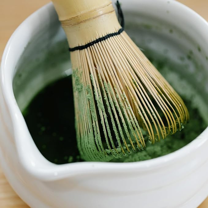 Matcha Whisk Set- Matcha Set includes Matcha Whisk and Bowl (Bowl with Spout), Sifter, Holder and Scoop- The Perfect Bamboo Whisk for Matcha Tea (White- 7PC)