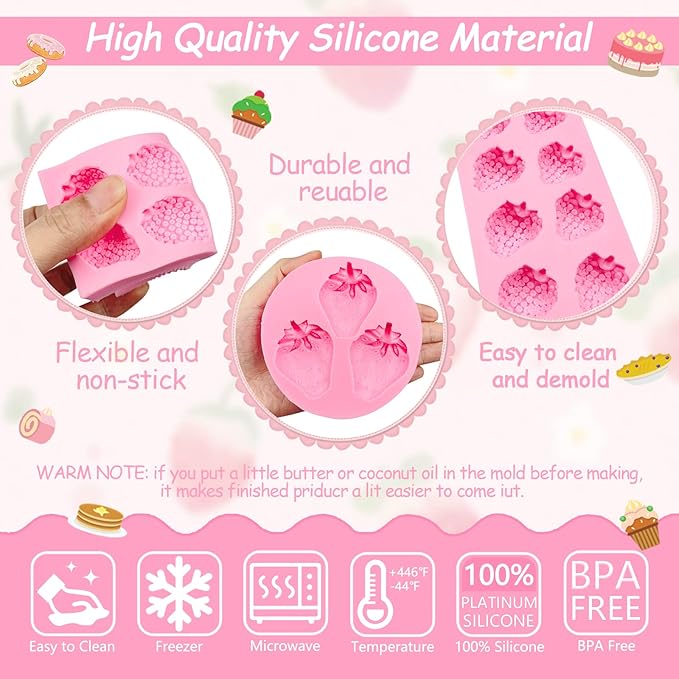 Strawberry Fondant Molds, Mini Fruit Chocolate Cake Decorating Silicone Molds for Baking Cupcakes, Mousses, Candies, Polymer Clay Craft Projects, Wedding Birthday Kitchen Accessories