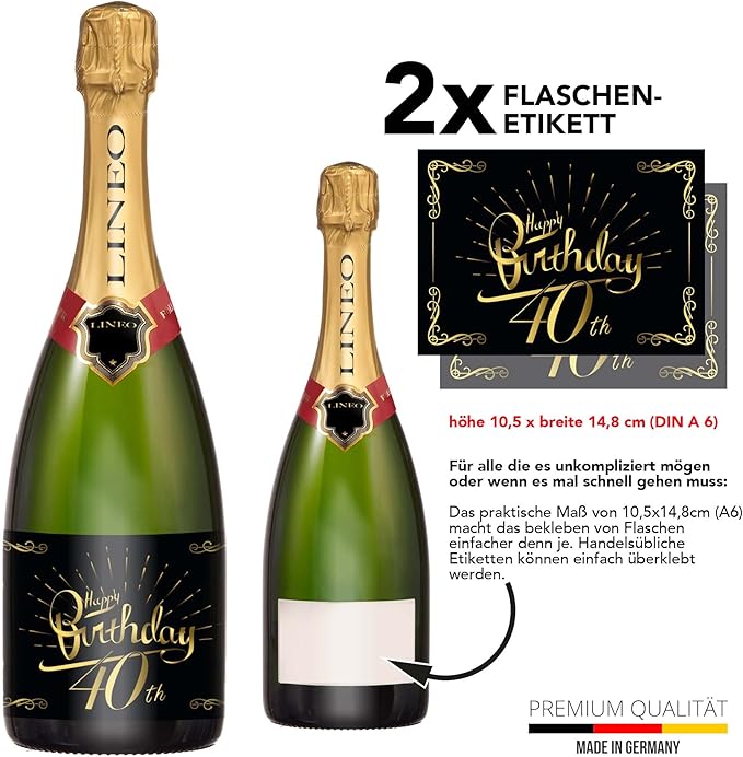 2-Pack Birthday Bottle Labels, Self-Adhesive “HappyBirthday” Stickers for Champagne & Wine Bottles, Fun Gift Idea for Men & Women, 5.8 x 4.1 in (40th Birthday)