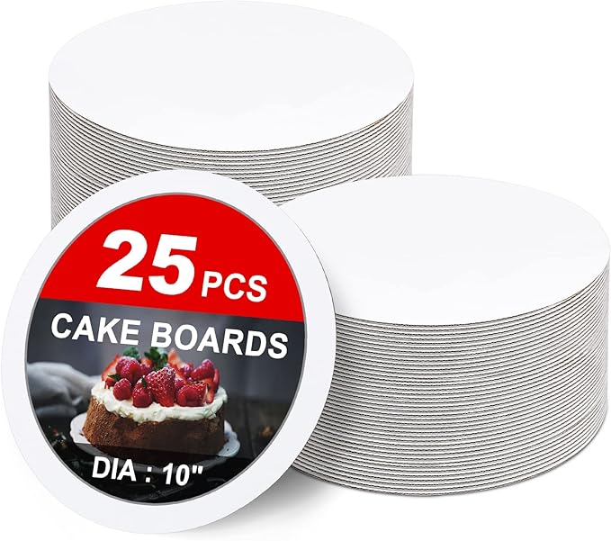 25-Packs Cake Boards 10 inch Round, White Cake Board Rounds, White Cake Circles Rounds Base Food-Grade Cardboard Cake Plate for displaying Cakes, Bread, Desserts（Thin and Sturdy）
