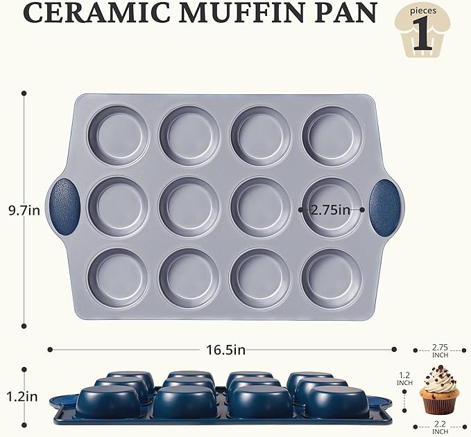 BRONYPRO 12-Cup Non Toxic Nonstick Ceramic Muffin Pan & Cupcake Tin, PFOA & PFOA Free, Heavy Duty Rust-Resistant Aluminized Steel, Oven & Dishwasher Safe, Blue
