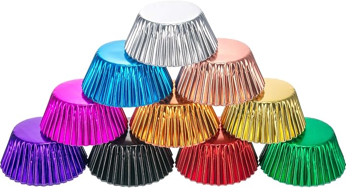 Sumind 200 Pieces Foil Cupcake Liners Standard Size Metallic Cupcake Liners Paper Baking Cups Muffin Case Decoration Cups, 10 Colors