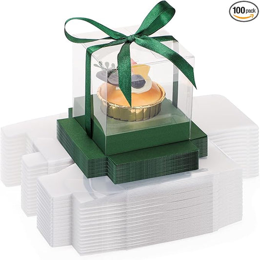 EUSOAR Individual Cupcake Boxes, 3.5 Inch 100 Pcs Dessert Pastry Cupcake Containers with Inserts and Ribbon, Clear Muffins Gift Holder Disposable Cake Carriers for Wedding Party Favor Bakery