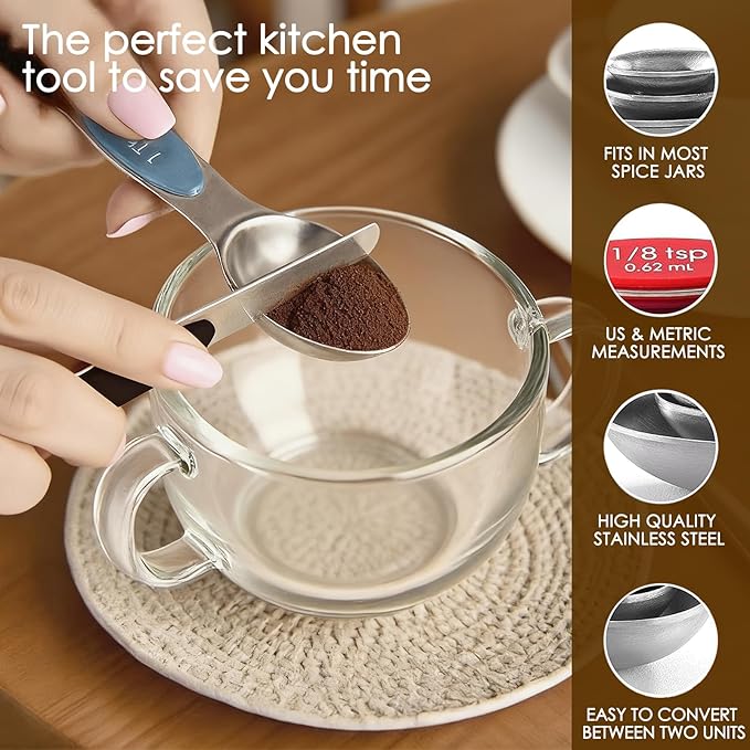 Stainless Steel Magnetic Measuring Spoons Set,Dual Sided Stackable Nesting Teaspoons Tablespoons for Measuring Liquids and Dry Ingredients,Set of 9 with Leveler, Strong Magnet,Multicolor