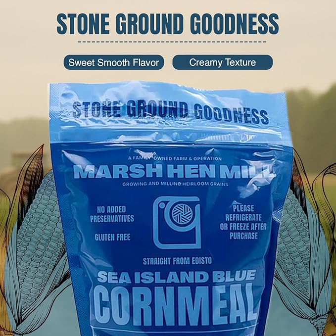 Marsh Hen Mill Sea Island Blue Cornmeal | Corn with Floral Aroma | Perfect Stone Ground Cornmeal for Corn Bread | Traditional Blue Corn Flour | 100% Natural & Gluten Free, 24 oz (Pack of 1)