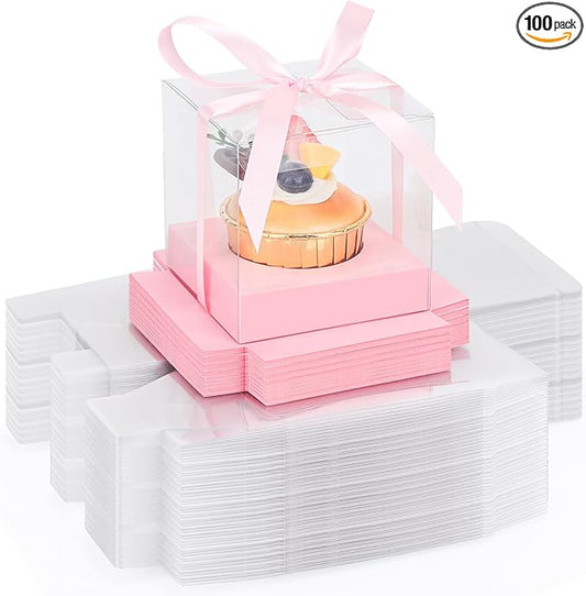EUSOAR Pink Cupcake Boxes, 100 Packs 3.5 Inch Clear Plastic Cupcake Containers Box Individual with Inserts and Ribbon, Pastry Wrappers Clear Muffin Gift Holder for Wedding Favor Bakery Decor