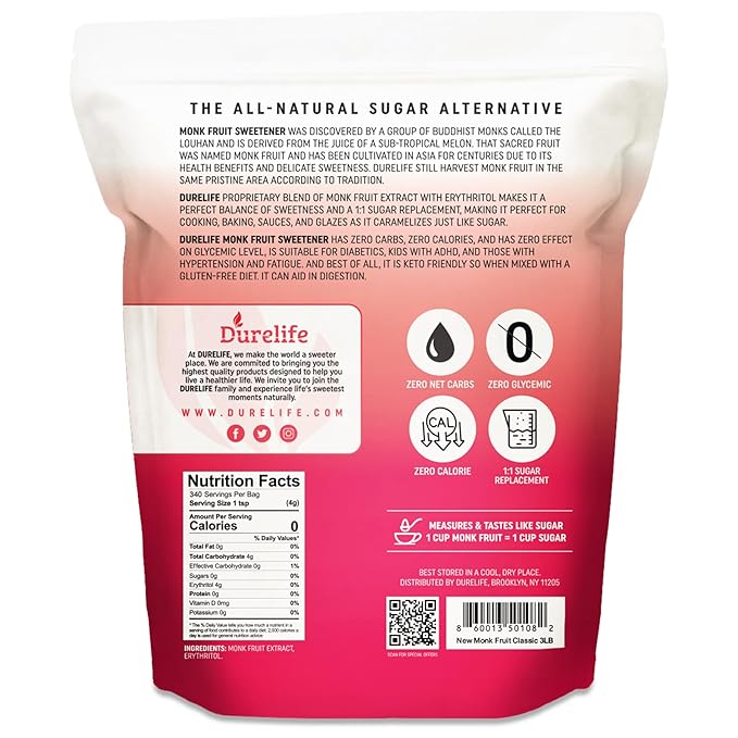 Durelife Monk Fruit Sweetener, Sugar Substitute, Keto Diet Friendly, Zero Calorie, White Sugar Substitute, Classic White - 3 lb (Packaging May Vary)