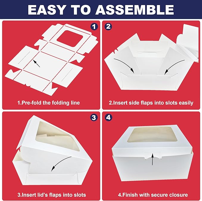 8x8x4 Inch Cake Box With Cake Boards, 12 Pack Easy To Assemble 8 Inch Bakery Boxes With Window, White Pastry Boxes For Baked Goods, Bakery Packaging For Charcuterie, Home Bakery Business Essentials