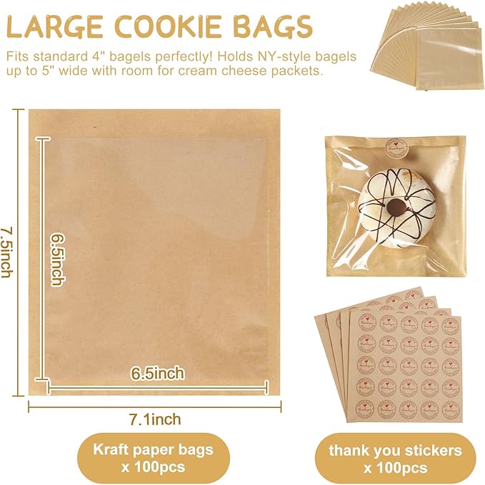 SUREHOME Paper Sandwich Bags 100 Pcs 7.1 X 7.5 In Kraft Brown Paper Bags with Window Individual Heat Seal Bakery Bag with Sticker Cookie Bag for Party Favors Snacks Treats Bread Baked Goods Packaging