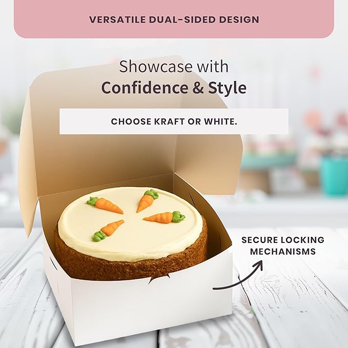 Reversible Bakery Boxes 12 x 12 x 6 in, No Window Lock Corner Tall Cake Boxes with Front Tuck Lock & Side Clips, Ideal for Layer Cakes, Kraft or White Exterior, Microwavable, 50 Pack