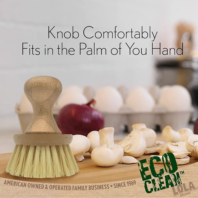 LOLA Vegetable Brush w/Comfort Bamboo Knob, 2 Pack, Durable Poly Bristles, Natural Bamboo, Fibers are Recycled Soda/Water Bottles