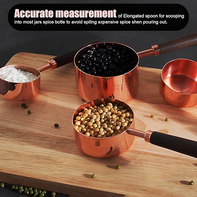 Gold Measuring Cups and Spoons Set, 8 Piece Premium Stainless Steel Measuring Cups with Wood Handles for Baking Supplies in the Kitchen (Rose Gold)