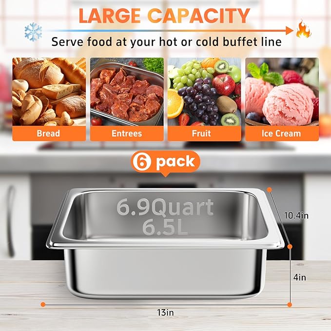 6 Pack Hotel Pans, 1/2 Half Size 4 Inch Deep Steam Table Pan, Stainless Steel Commercial Food Pan Anti Jam Steam Pan, Breading Trays for Hotel, Party, Buffet, Catering Supplies