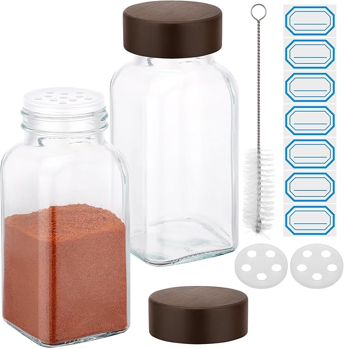 Segarty 6oz Spice Jar with Wood Lids, 2 PCS 180ml Glass Square Spices Jars with Shaker Lids, Clear Empty Seasoning Containers Cereal Containers Storage Set, Large Spice Bottle with 7 Stickers, 1 Brush